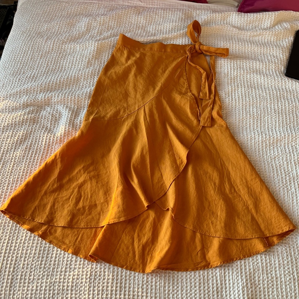 Cuyana Yellow Midi Wrap Skirt Asymmetrical Tie Front made in Portugal